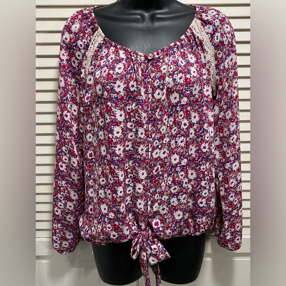Self Esteem Pink/White/Blue Floral Long Sleeve Crochet Tie Waist Blouse Size‎ M